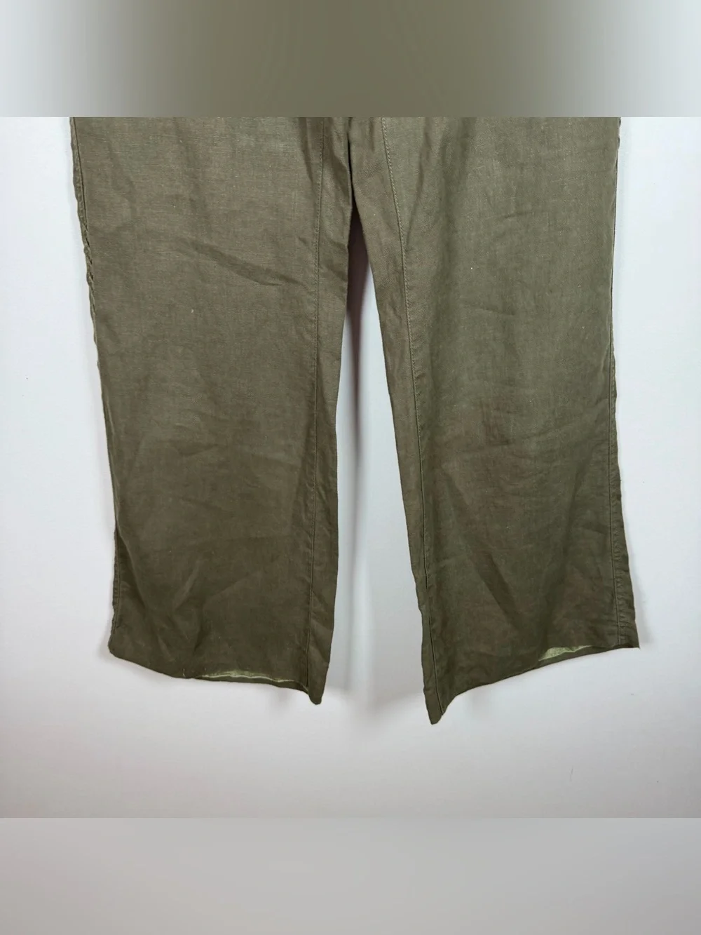Cabi Olive Green 100% Linen Wide Leg Whipstitch 882 Trouser Pants Lagenlook Sz 8